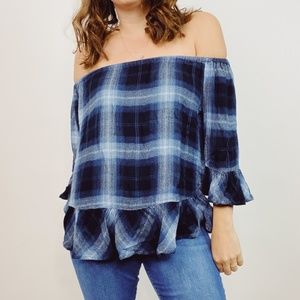 Beach Lunch Lounge Blue Plaid Flannel Ruffle Top